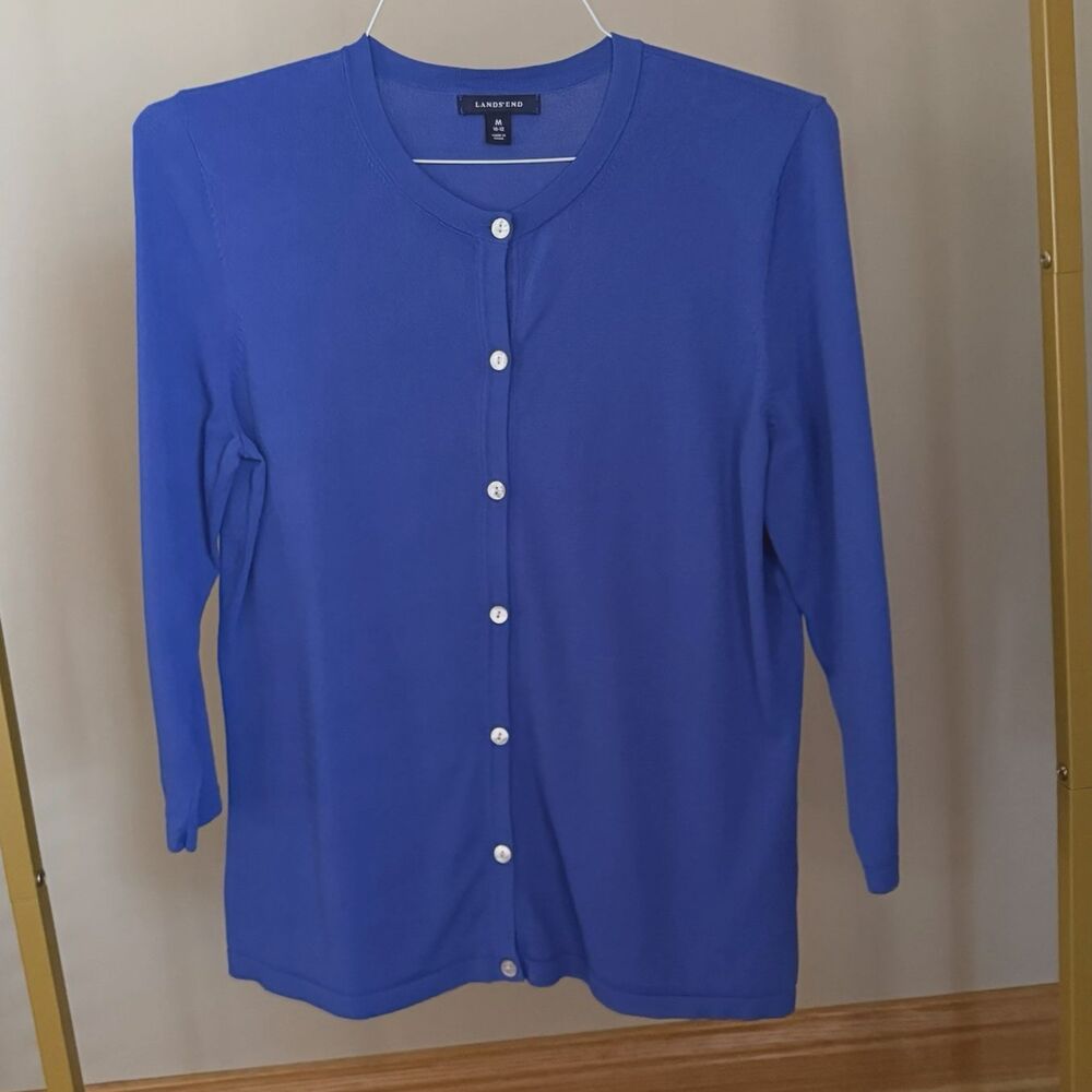 Lands' End Women's M 10/12 Royal Blue Cardigan Sweater Button Up 3/4 Sleeves
